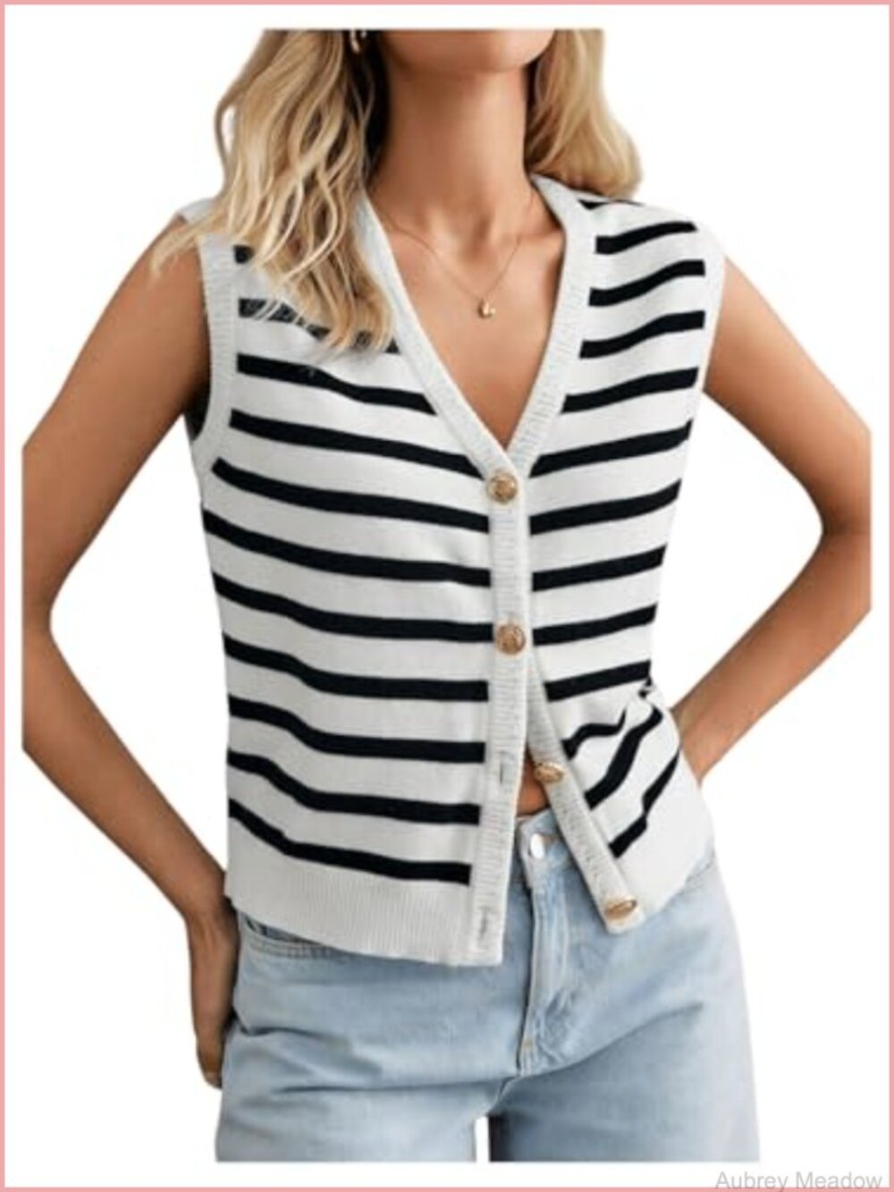 Striped Knit Sweater Vest V Neck Gold Button Up Sleeveless Cardigan